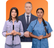 A selection of PageTiger Avatars. One female with long hair in casual dress, a male in a business suit and woman wearing blue scrubs and a stethoscope.