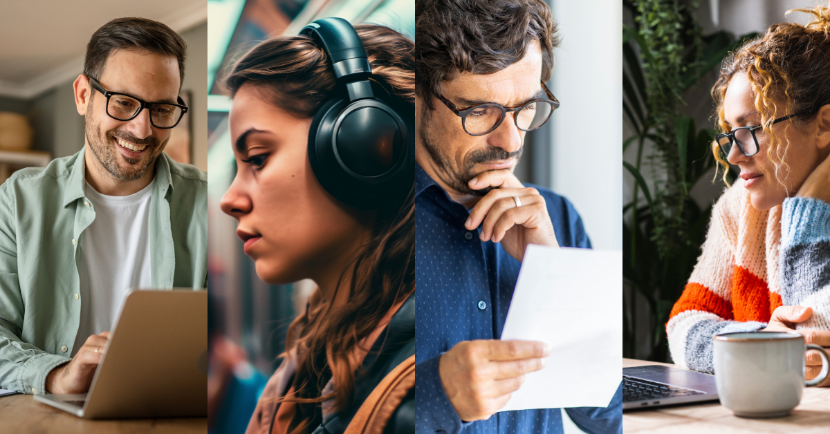 Four photographs of people representing different learning preferences - kinaesthetic, visual, text-based and oral.