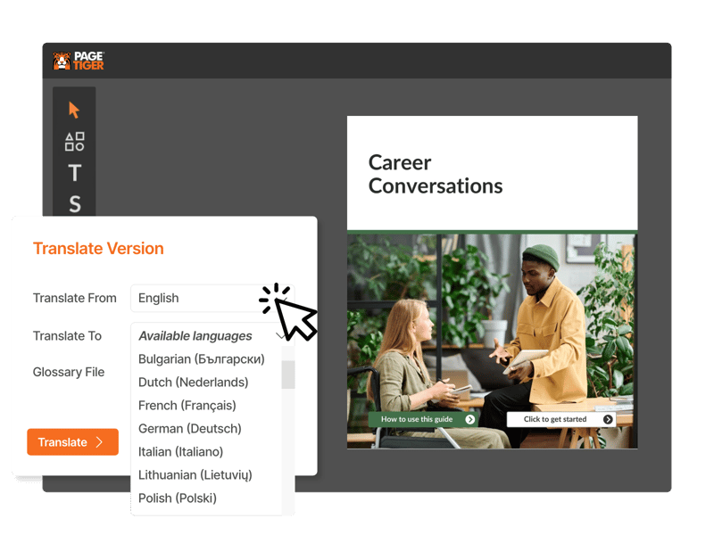 Screenshot of the PageTiger interface showing a native English document with a language selection dropdown for translating content into multiple languages.