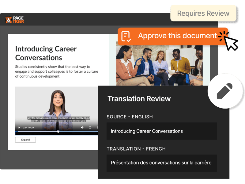 A screenshot of the PageTiger interface showing a side-by-side translation view with source text, translated text, and options to edit, flag, or approve content.