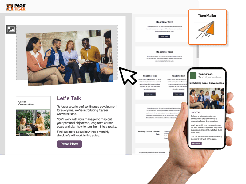 Screenshot of PageTiger’s drag-and-drop email builder in TigerMailer, creating a responsive email to share multilingual content.