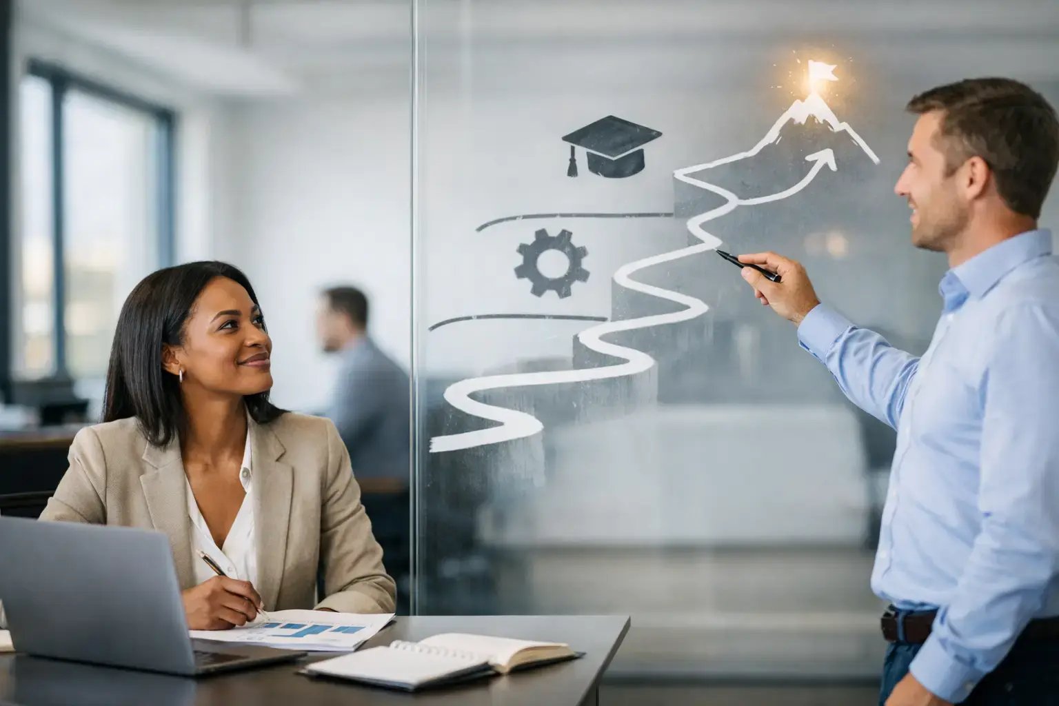 Two office workers sketching a learning pathway on a digital glass board