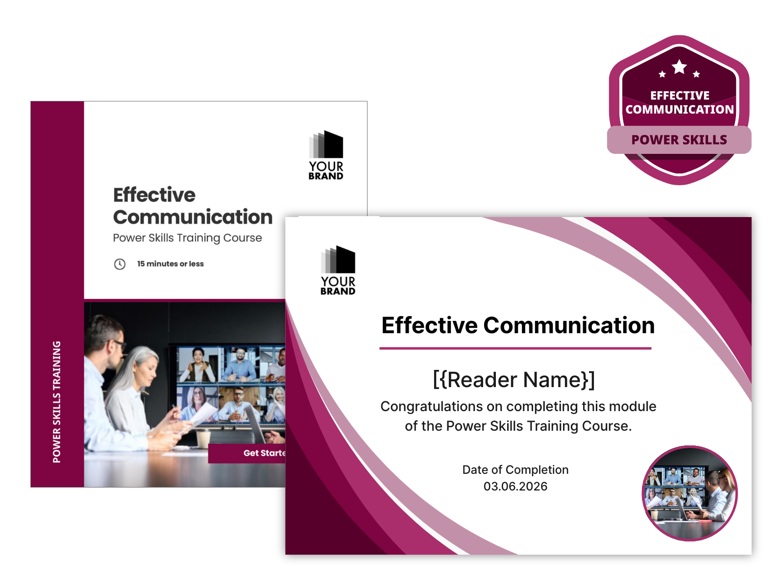 An example certificate and badge in for a PageTiger training course document called 