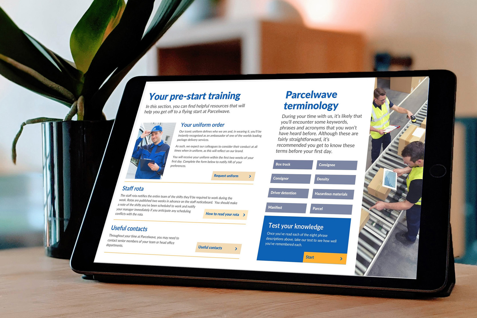 Photograph of a New Hire Orientation Pack created in PageTiger displayed on a tablet device.